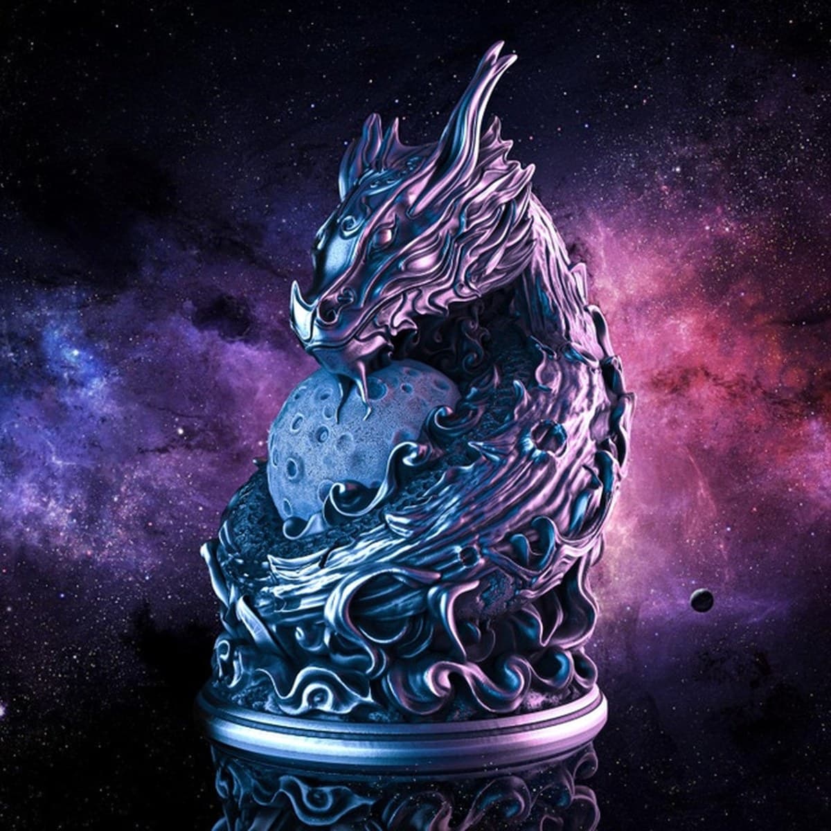 Le dragon qui a pris la lune pour oreiller, peinte à la main