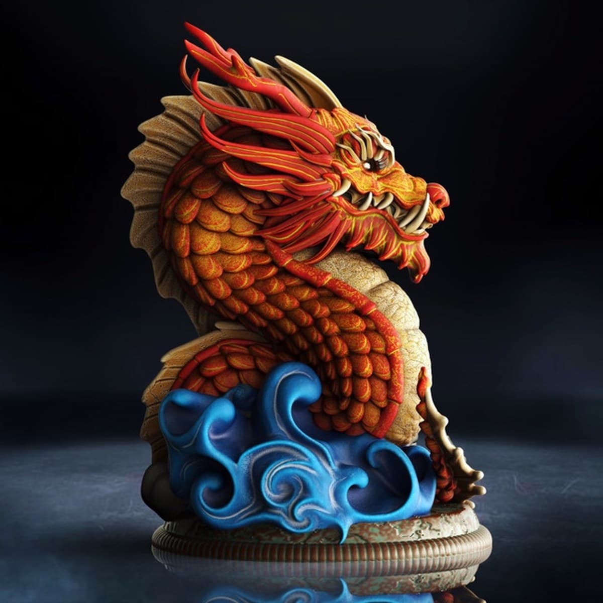 Le dragon qui sort de la vague, peinte à la main